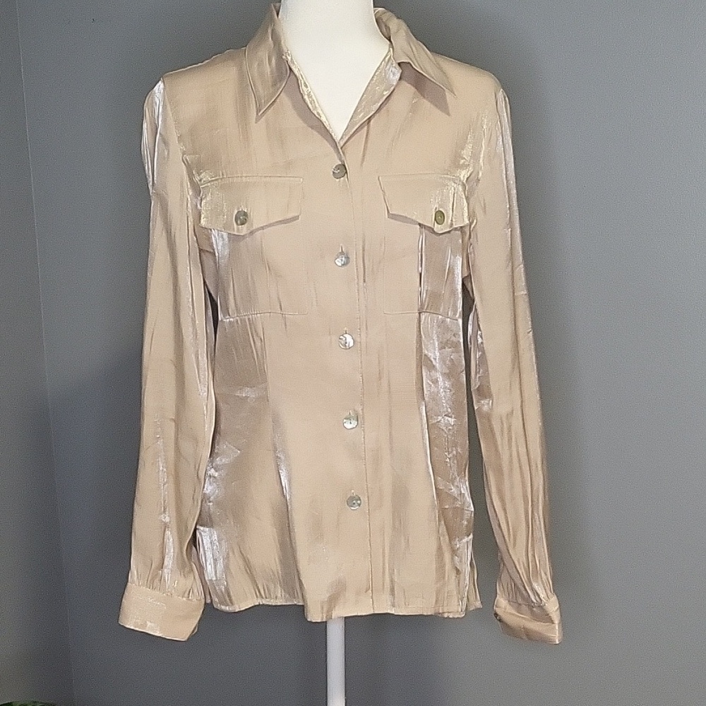 Max Studio Beige Shimmery Button Down Blouse  - Size S